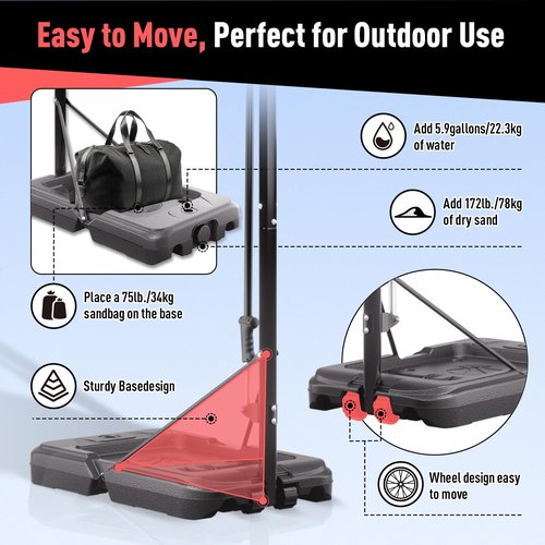 AWII SPORT Basketball Hoop Outdoor Protable, 4.8-10FT Height Adjustable Basketball Goal System with 44 Inch Impact Backboard and Portable Wheels for Adults