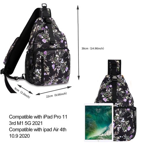 MOSISO Sling Backpack Bag, Wildflower Bouquet Crossbody Shoulder Bag Travel Hiking Daypack Chest Bag with Front Square Pocket&USB Charging Port, Black