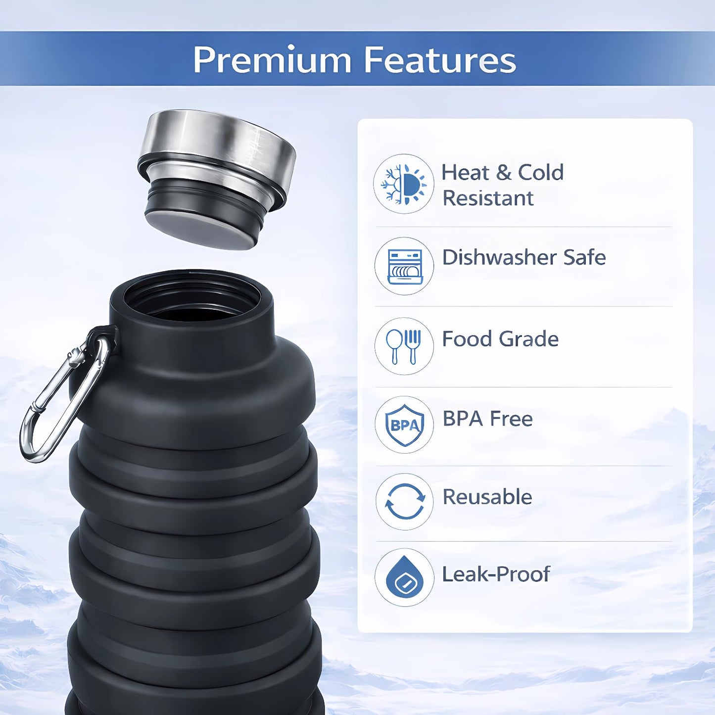 Tundoro Collapsible Water Bottles,Silicone Water Bottle,16oz Capacity Portable Reusable,Leak-proof,with buckle,foldable storage,Lightweight Durable for Fitness,Cycling,Sports,Camping,Hiking (Grey)