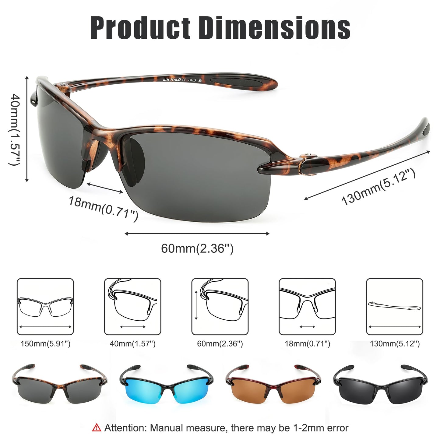 JIM HALO Polarized Sport Sunglasses for Men Women, Wrap Around Sun Glasses for Hiking Cycling Running Fishing UV400, Grey