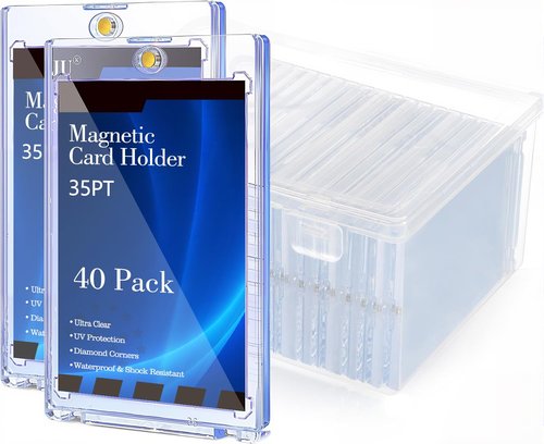 Neetbu Ultimate 35pt One-Touch Magnetic Card Holder with UV Protection ??Hard Plastic Sports/Game Card Protector Case for Collectibles, Trading Cards & Gaming Cards (20,30,40-Pack, White) (40)