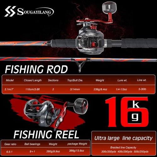 Sougayilang Baitcaster Rod Reel Combo, Carbon&Glass Composite 7'0" Fishing Pole with 400 Size Casting Reel, Aluminum Reel Seat for Musky Fishing-Right Handed