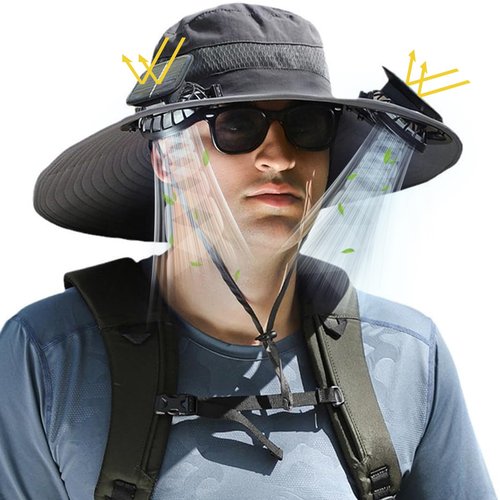Wide Brim Solar Fan Outdoor Fishing Hat, 2 Solar Fan Hats for Men, USB & Solar Powered Fan Hat, Sombrero para el Sol Hombre, Sombrero con Ventilador Solar, Fan Hat Solar Powered UPF 50+ Grey