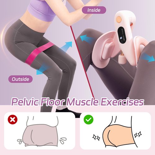 QIUTONG Thigh Master 2025 Upgraded, 10-78LB Thigh Master Thigh Exerciser, LED Inner Thigh Exerciser, 360° Pelvic Floor Exercise Devices, Hip Trainer Kegel Excerciser, 20LB Resistance Band, Light Pink