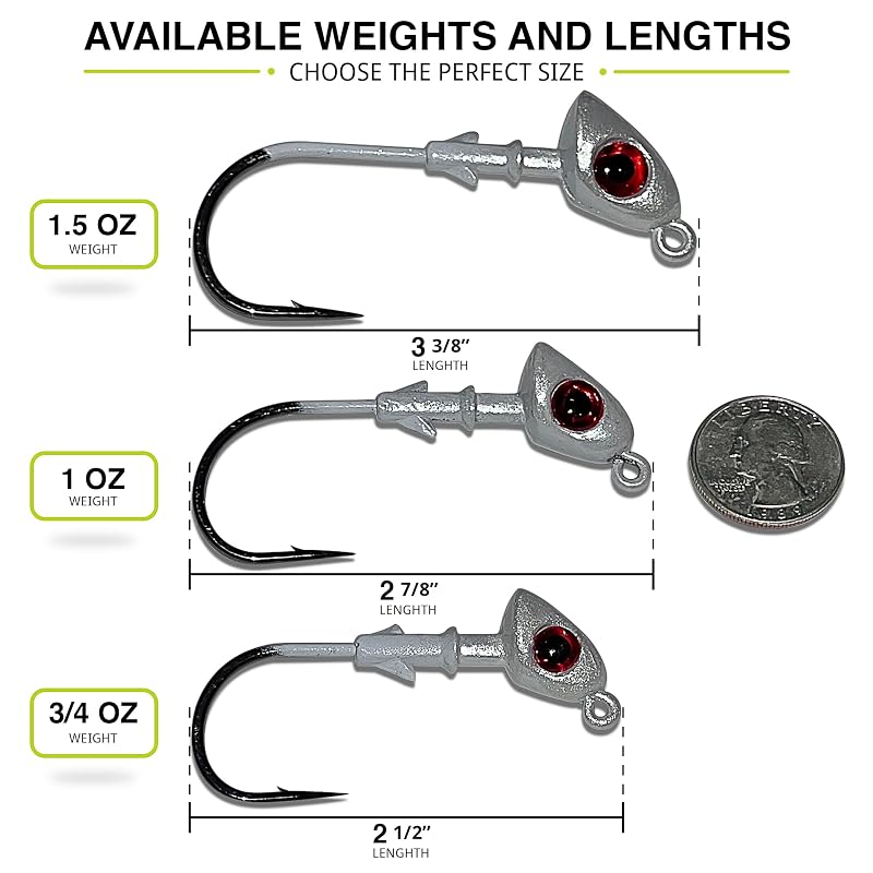 Jig Heads with Black Nickel Hook - 3/4 oz White 3 Pack, 6/0, Double Locking Bait Stays, 3D Eyes