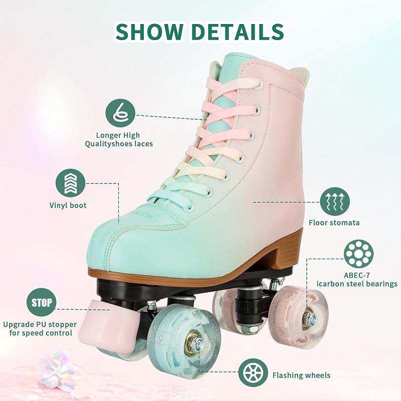 Gradient Pink-Blue Roller Skates for Girls & Women, Cozy PU Leather, Flash Wheels - 37-US Women/Youth 6/7