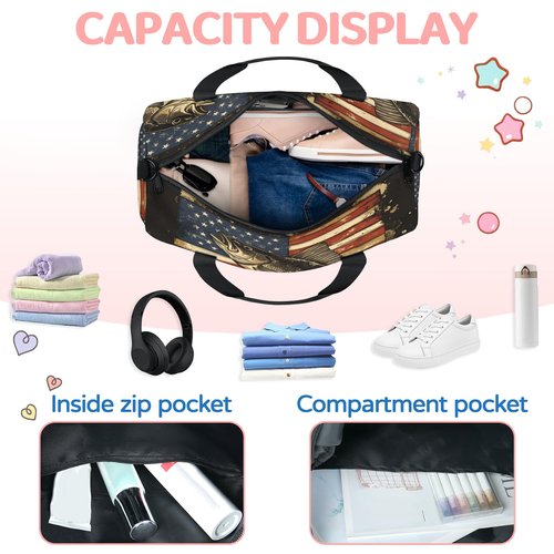 CNNINGYI Gym Bag for Women Men, Bass Fish Independence Day Flag Travel Duffle Tote Bag, Waterproof Sports Tote Bags, Large Overnight Weekender Bags for Yoga Dance