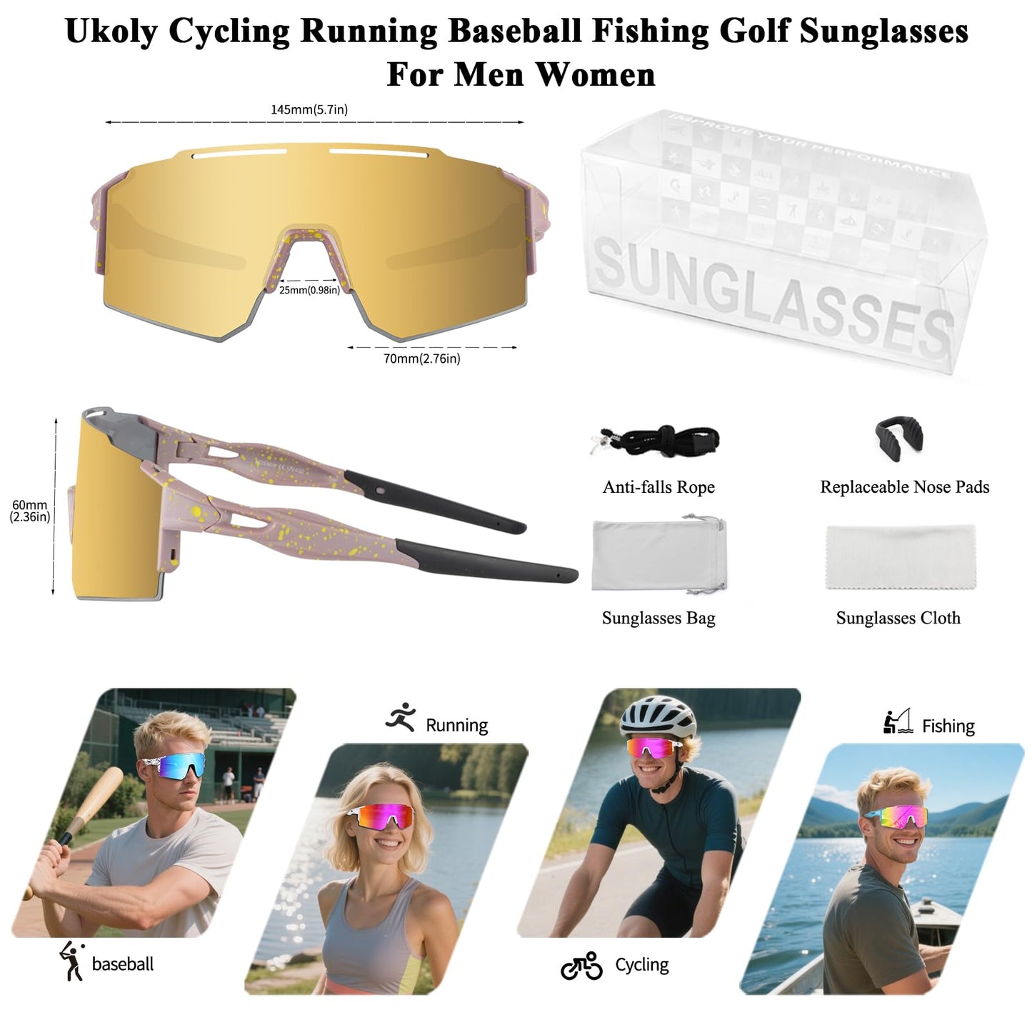 Ukoly Cycling Sunglasses for Men Women with Interchangeable nosepad, Polarized Sports Sunglasses, Baseball Sun glasses 550A XGP