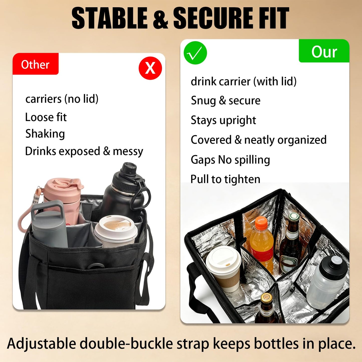 Reusable 4 Cup Insulated Drink Carrier Bag, Portable Coffee Cup Holder with Adjustable Shoulder Strap & Foldable Design, Water Bottle Caddy with Adjustable Dividers for Beverage, Travel & Delivery