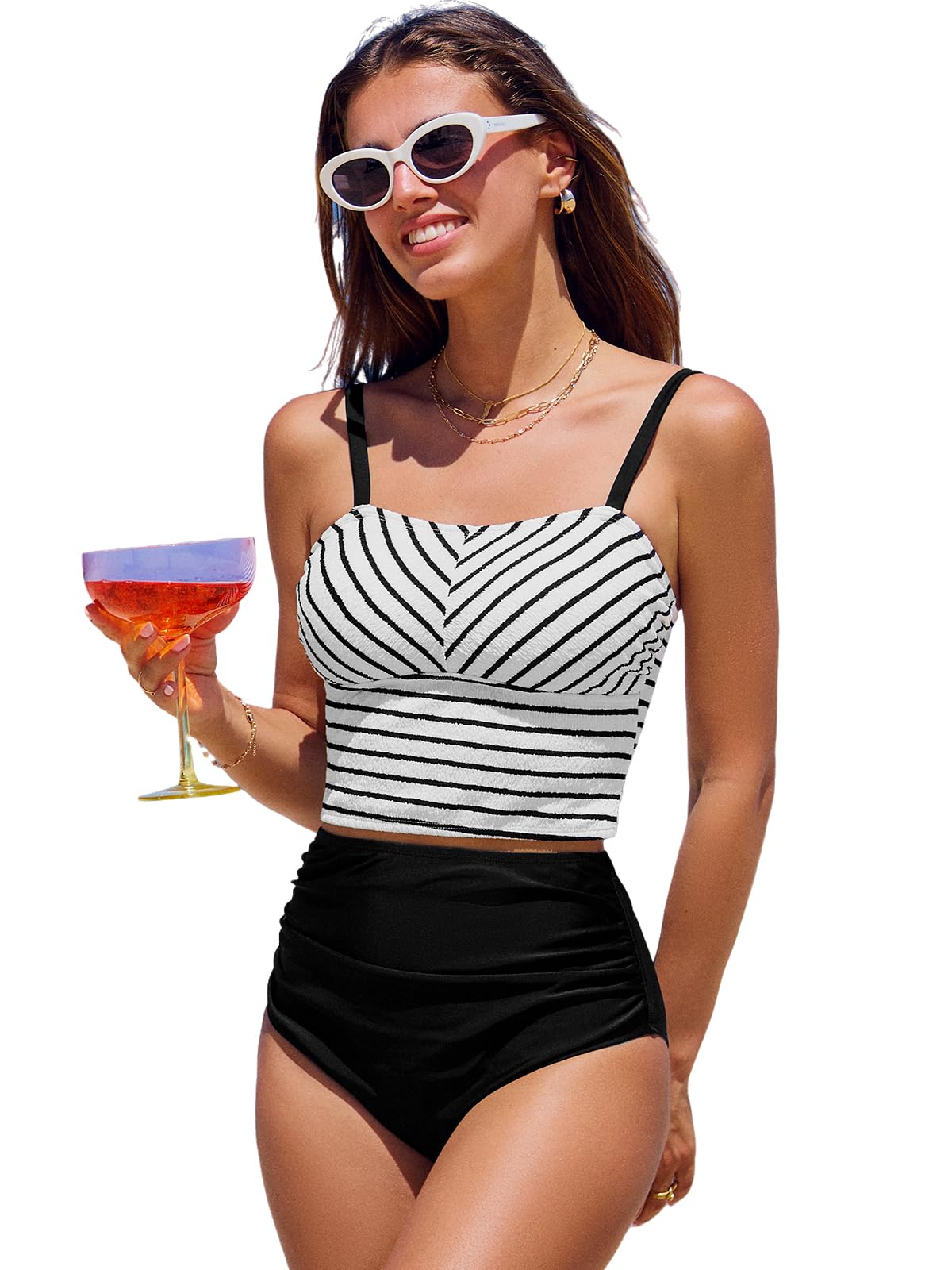 CUPSHE Women's Tankini Sets Square Neck Elastic High Waisted Two Piece Bathing Suits Adjustable Straps Swimwear