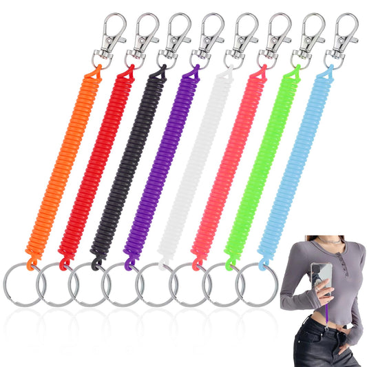 JIYIN 8 PCS Retractable Spring Coil Keychain, 8 Colors Stretchy Anti-Lost Spiral Cord Keychain With Keyring Lobster Clasp Safety Stretch Cord for Purse Keys Wallet Cellphone