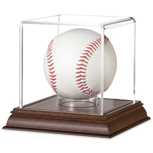 Yandino Baseball Display Case Acrylic Clear Cube Baseball Holder with Wooden Stand Memorabilia Showcase Autograph Ball Display Box UV Protected Wood Base Case for Balls