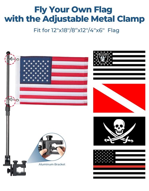 KEMIMOTO Boat American Flag Pole Kit, 360° Adjustable 12''x18'' Pontoon Boat Flag, for 0.8''-1.35'' Round/Square Rails, 2.5ft Pole for Boat & Golf Cart, Pontoon Boat Accessories (Flag Included)