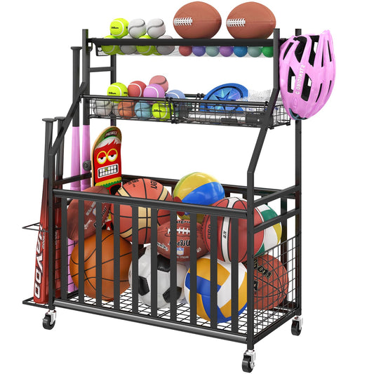 Jsskeeim Garage Sports Equipment Organizer,Sports Ball Organizer with Wheels,Mesh Pocket, Basket,Ball Organizer with Baseball Bat Rack and HooksToy Storage Rolling Cart-Black