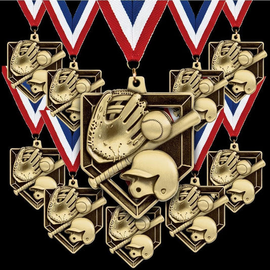 10 Pack Baseball Medals with Red White and Blue Neck Ribbons – 2" Gold Sports Award Medals for Kids, Teams, Little League, School Awards, Baseball Tournaments