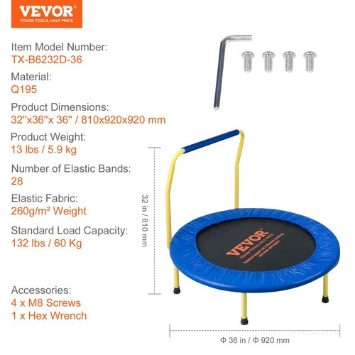 VEVOR 3FT Trampoline 36" Indoor/Outdoor for Toddlers, Foldable Mini Baby With Foam Handle, Recreational Birthday Gift