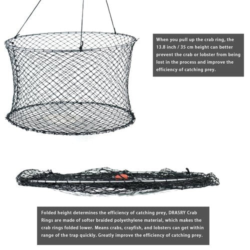Drasry Crab Ring Trap Two Ring Crab Kit with Harness and Bait Clip Fishing Crabbing Net for Board Kayak Dock and Pier Net 24 * 24 * 13.78 in 1PCS