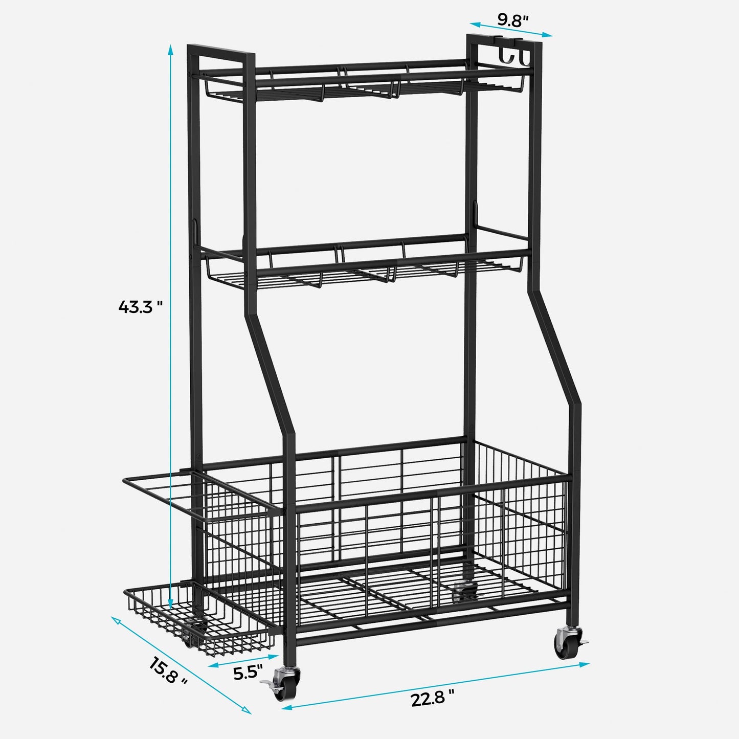 Cerlyunzan Sports Equipment & Toy Storage Rack with Wheels, 3-Tier Ball Organizer for Balls, Rackets & Sports Gear, Large Capacity with Racket Slots & Hooks, for Garage, Home Gym or Backyard – 23" W