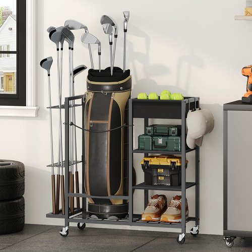 MAHANCRIS Golf Storage Organizer for Garage, Golf Bag Stand for Single Golf Bag and Equipment Accessories, Freestanding Golf Club Holder for Garage, Shed, Home, Basement, Black BEBK17401