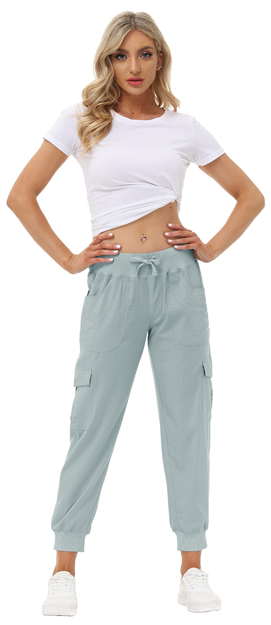MoFiz Women Cargo Pants with Pockets Lightweight Outdoor Summer Travel Casual Hiking Pants Running Joggers Sweatpants Elastic Waist Light Grey 3XL
