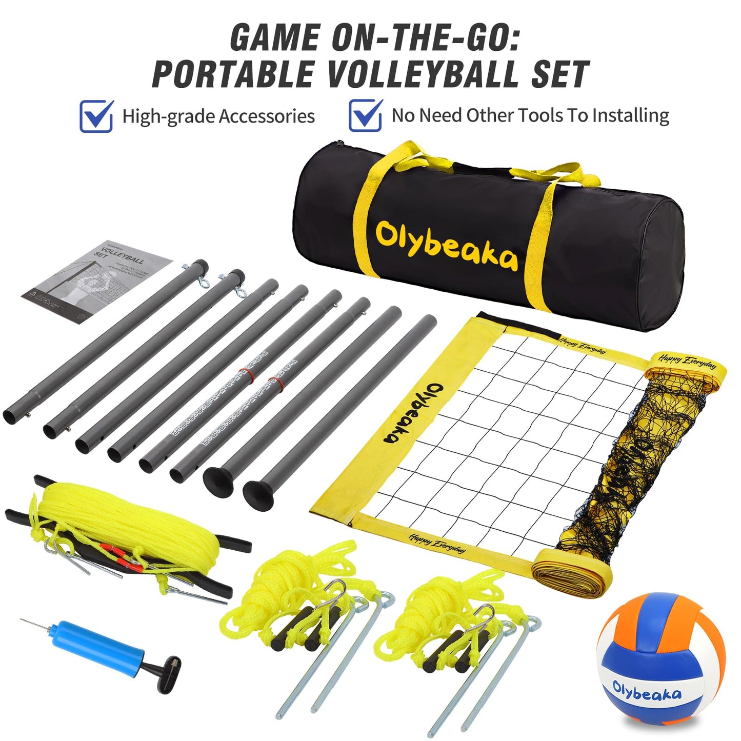 32ft / 20ft Portable Outdoor Volleyball Net Set for Grass Backyard Beach with 1.25" Height Adjustable Steel Poles, 28-ply Durable PE Net, PU Volleyball & Pump, Carry Bag (Yellow, 20ft)