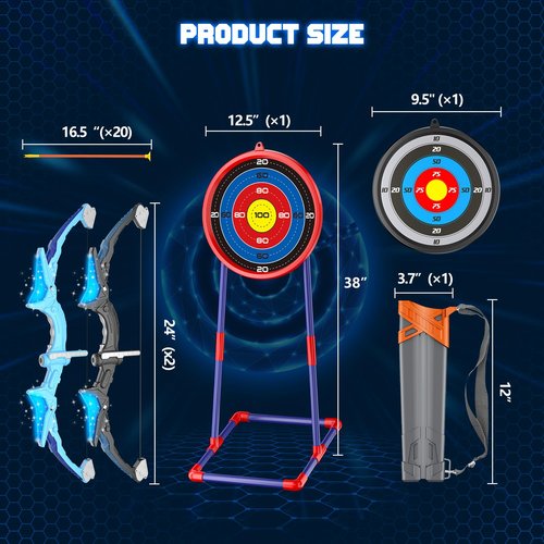 HOLIBIBE 2 Pack Kids Bow and Arrow, 20 Suction Cup Arrows, 2 Archery Targets&Quiver, Light-up Set for 4 5 6 7 8 9 10 11 12 Year Old, Indoor Outdoor Toys for Ages 5-7 8-13 Boys Girls(Black & Blue)