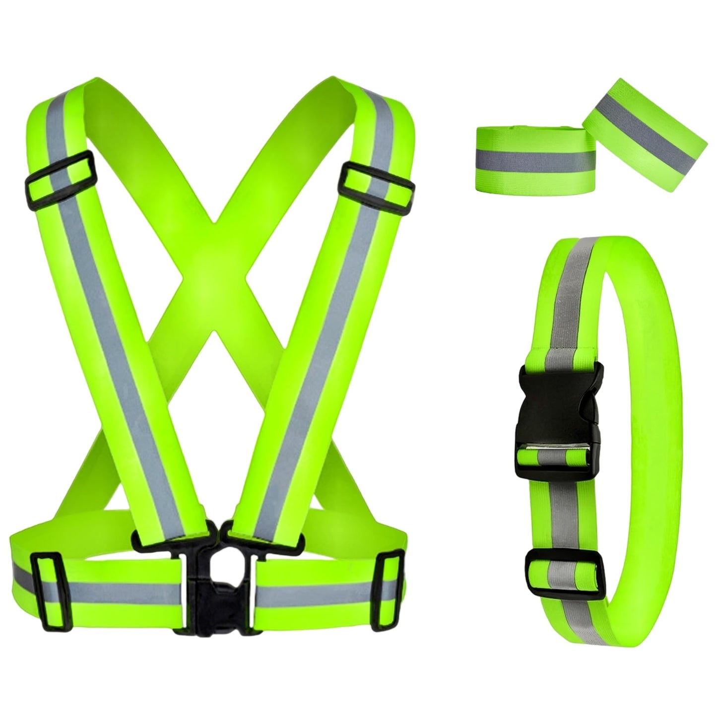 RUISHYY Reflective Running Gear Reflective Vest & Reflective Armband & Reflective Belt 3 Pcs Set, High Visibility Reflective Gear Night Cycling Walking Safety Vest Straps for Men Women Kids (Green)