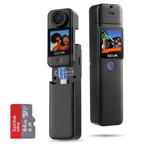SJCAM C300 Pocket Action Camera 4K,7Hour Power, 6-Axis Stabilizer, Dual-Touch Screen Body Camera, 30M Waterproof,for Vlogging and Live Streaming, with Accessories Kits, Black,Gifts,with 64G Card