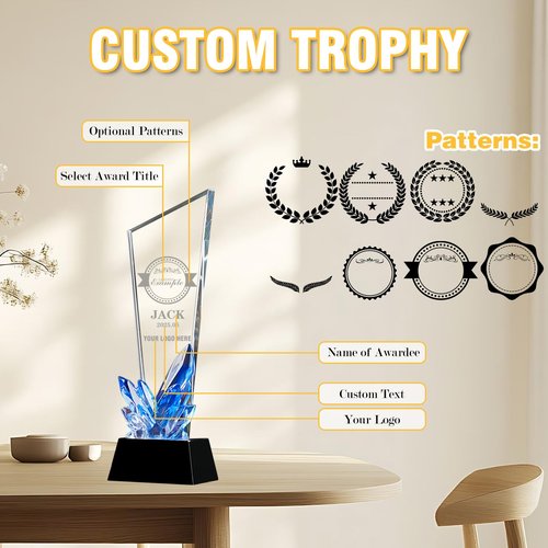 Personalized Crystal Trophy Award Custom Engraved Trophies Customized Crystal Awards with Text Logo Employee Appreciation Company Anniversary Retirement Gifts (Elegant)