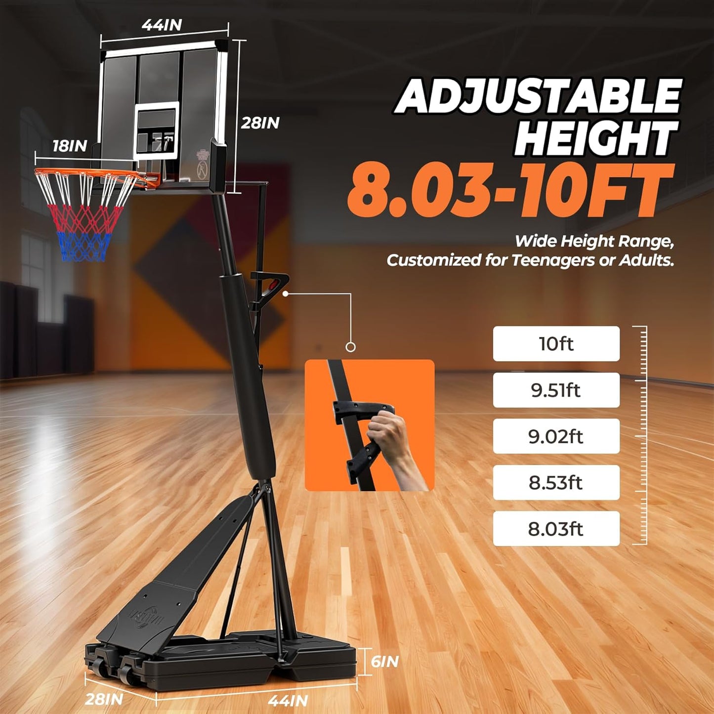 10 FT Basketball Hoop Outdoor Basketball Goal Portable Adjustable Basketball Hoop for Adults Youth in Backyard, Driveway, Indoor, 44 Inch PC Shatterproof Backboard