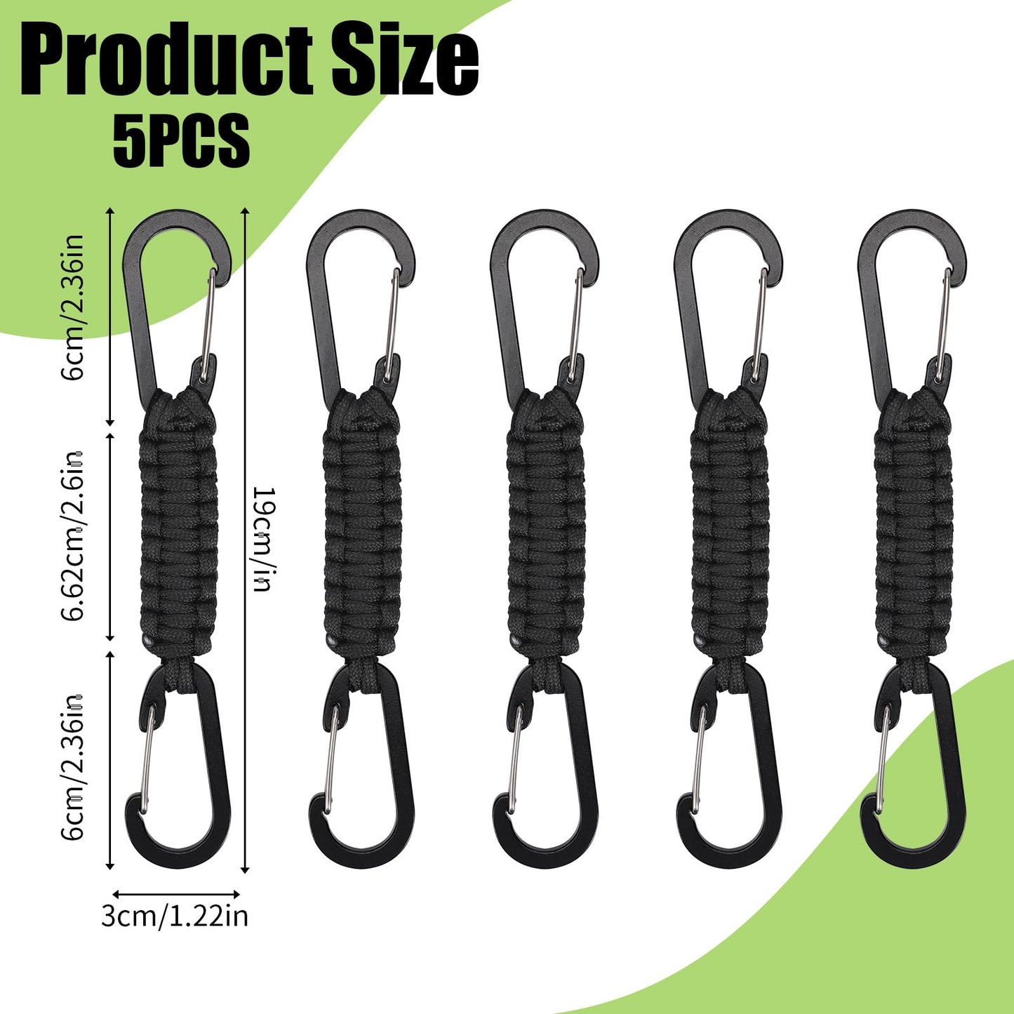 Xelsluthe 5 Pieces Paracord Keychain, Heavy Duty Paracord Keychain Carabiner Clip Braided Lanyard Key Chain for Water Bottle Keys Backpack Tools Camping Hiking Clip Men Women Black