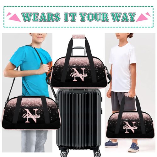 Personalized Kids Sports Duffel Bag with Name Custom Gym Dance Bag for Boys Girls Waterproof Weekender Overnight Bag for Travel Cheerleading Gymnastics Pink Sequins