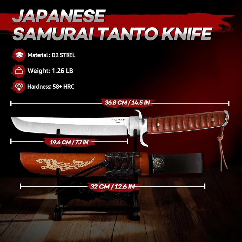 Fixed Blade Knife with Walnut Sheath - Japanese Tanto D2 Steel, Engraved