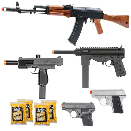 BBTac Airsoft Gun Package - Guerilla Collection of 5 Airsoft Guns - Full Auto Russian Style AEG Electric Airsoft Rifle, and Dual Mini Pistols, 4000 BB Pellets, Great for Starter Pack Game Play
