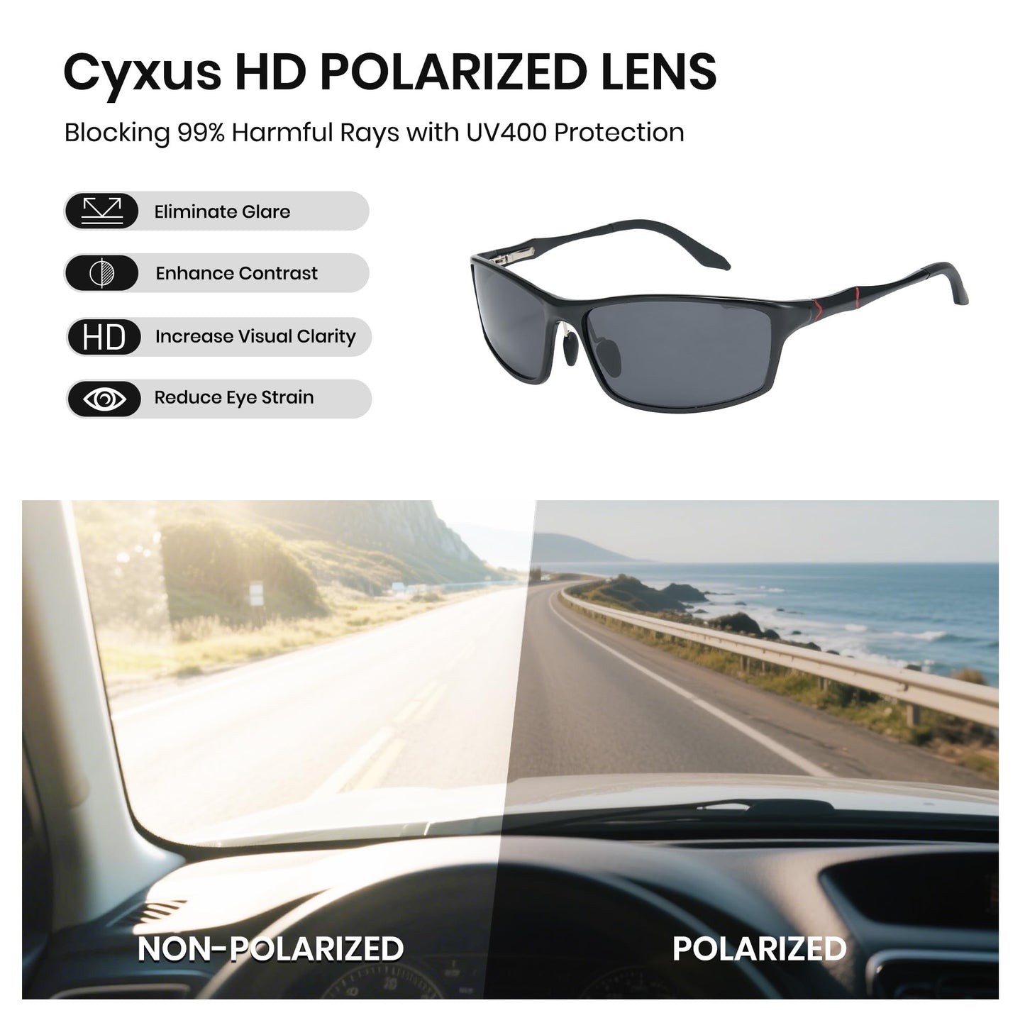 Cyxus Square Polarized Sunglasses for Men Ultralight Metal Sun Glasses Driving Fishing Golf Sports UV400 Protection Black