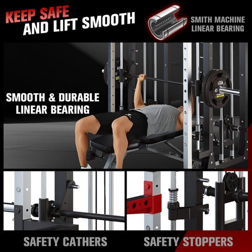 Smith Machine - 2200lbs Squat Rack Home Gym with LAT-Pull Down System & Cable Crossover Machine - Training Equipment with Leg Hold-Down Attachment