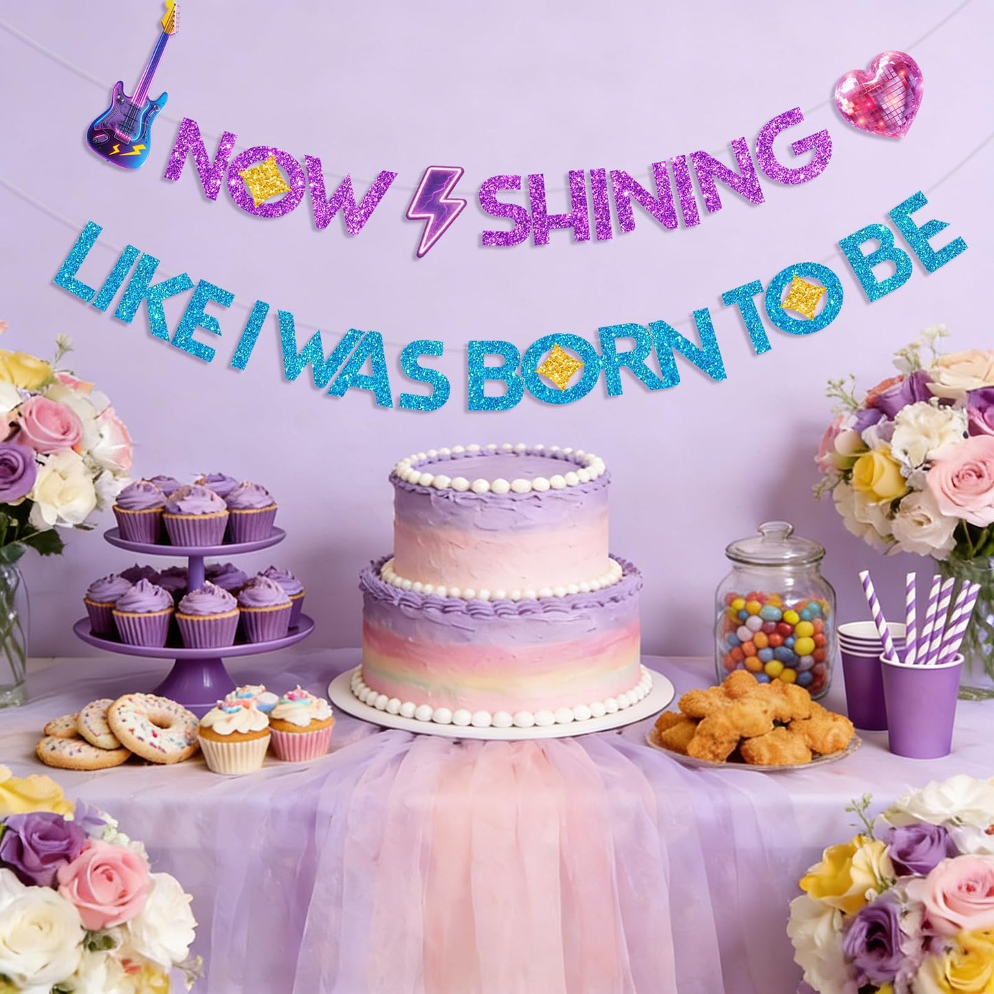 Hunters Birthday Decorations Banner - Now Shining Like I Was Born to Be Glitter Bunting, Kpop Demon Theme Party Decorations for Fans, Party Supplies with Ribbon & Needle