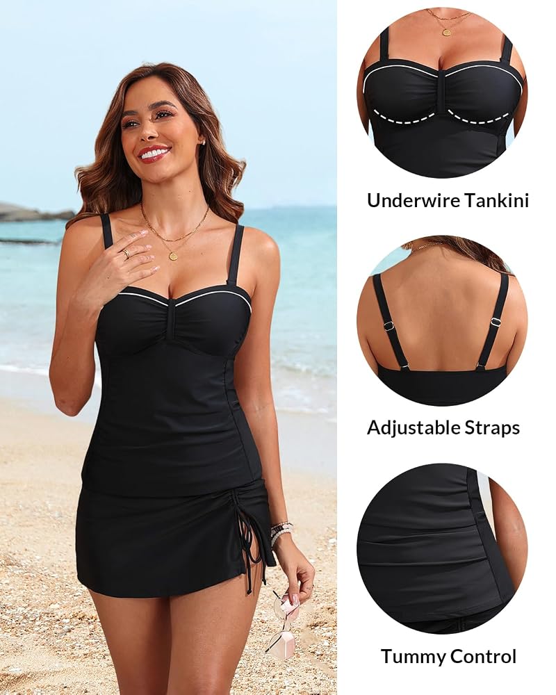 Women’s Underwire Tankini Swimsuit with Skirt, Tummy Control Bathing Suit - Black (Large)