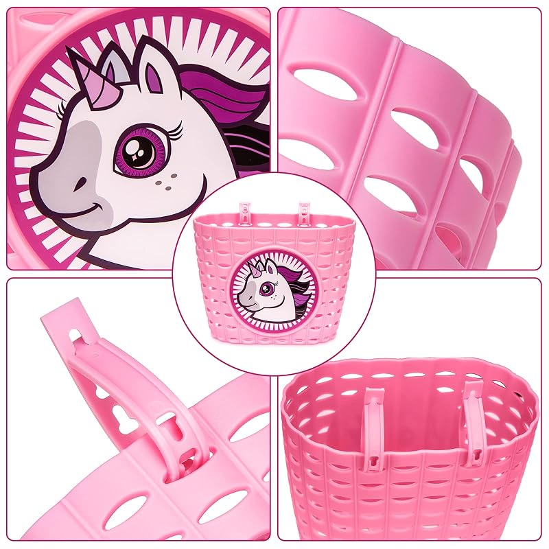 Kids Bike Basket Set with Unicorn Bracelet, Bell, Streamers & Stickers for Girls