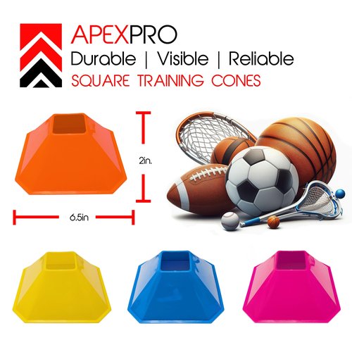 Pro Square Training Cones (Set of 10) 6x6 Inch Training Cones with Carry Strap for Plyometric and Agility Training, Soccer, Football, Basketball, (Orange)