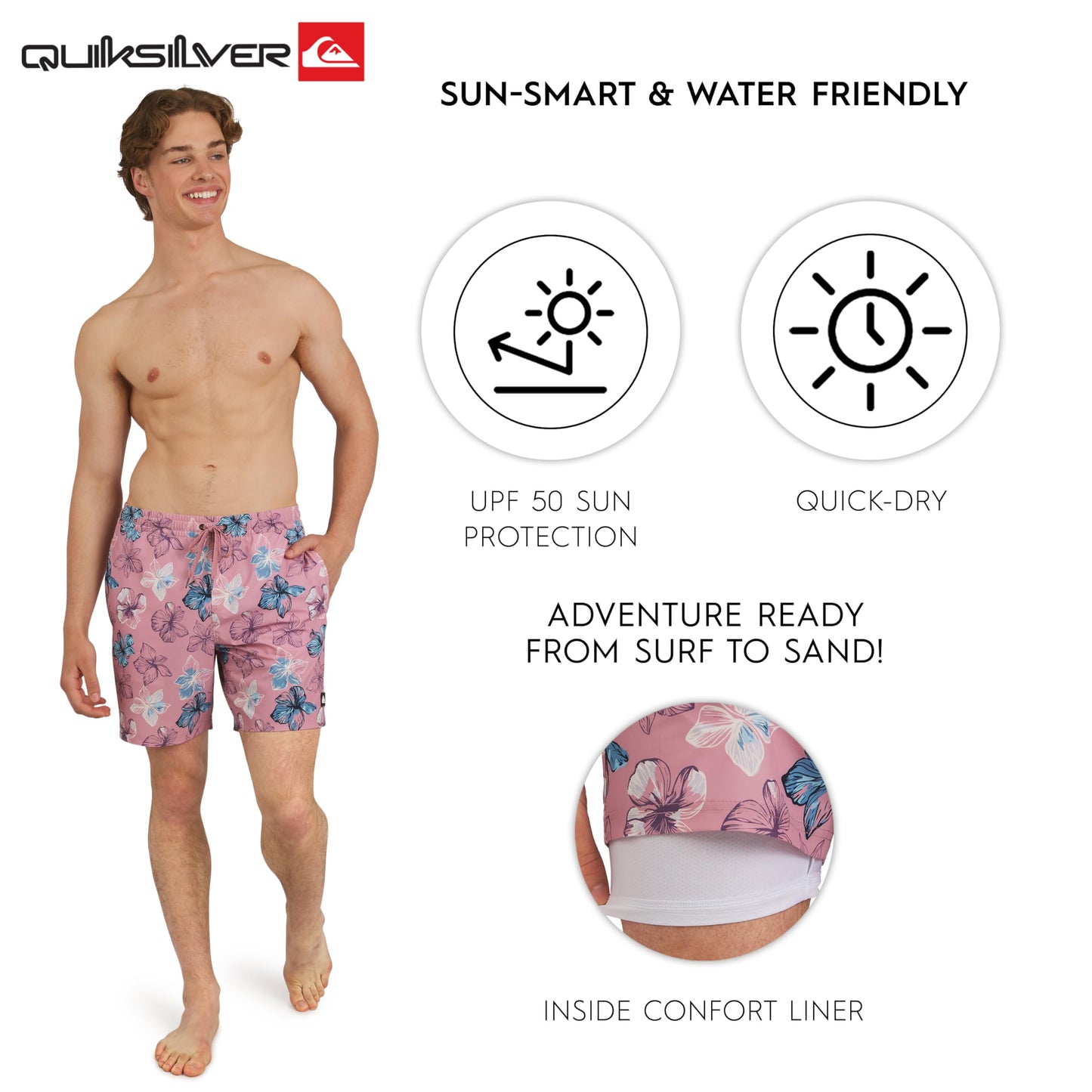 Quiksilver Men's Swimwear Regular Fit Stretchable Comfort Liner Swim Trunks, Floral Design - Dusty Rose, Medium