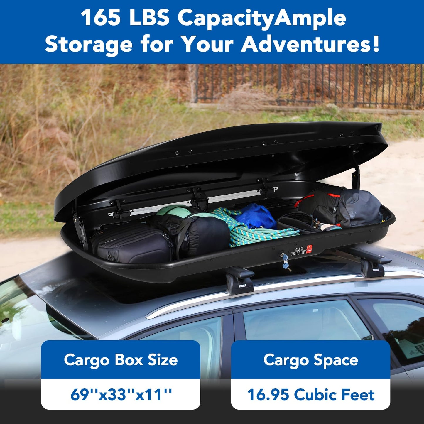 GarveeTech 69 Inch Rooftop Cargo Box Carrier, 17 Cubic Ft. Hard Shell Roof Rack Cargo Carrier with Security Keys, 165 Lbs Capacity Waterproof Rooftop Storage Box, Dual Side Opening