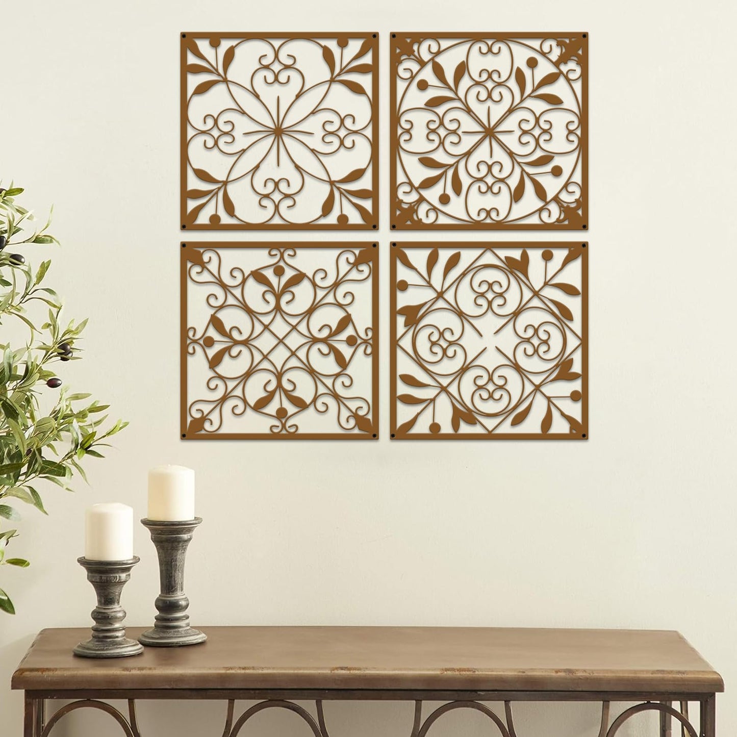 Resama 4 Pieces Rustic Wall Decor Farmhouse Wall Decor for Living Room Metal Hollow Carved Design Metal Decorative for Home Bedroom Kitchen Office (Brownish Orange,Square)