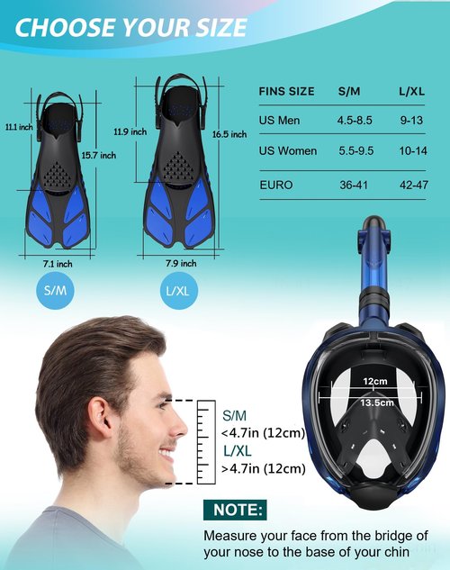 Viginsul Mask Fins Snorkeling Gear for Adults, Full Face Snorkel Mask & Adjustable Swim Fins Snorkel Set, Panoramic View Snorkel Mask Dry Top Anti-Fog Anti-Leak