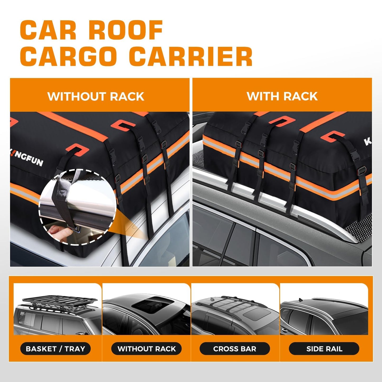Kingfun Car Rooftop Cargo Carrier – Waterproof 15 Cubic Feet Car Roof Bag Fit All Vehicles with/Without Roof Racks, Includes Anti-Slip Mat, 8 Reinforced Straps & 6 Door Hooks, Luggage Locks