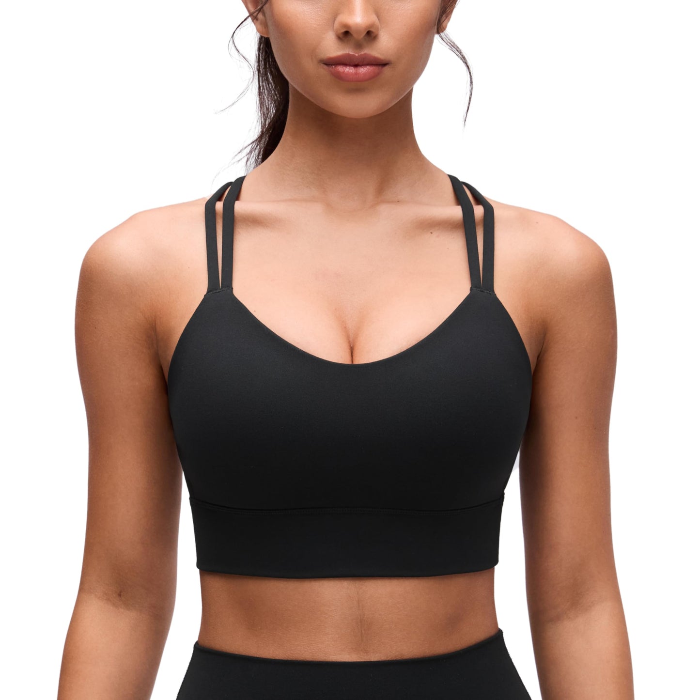 CRZ YOGA Softness Mold Butterluxe Strappy Longline Sports Bras for Women - Double Spaghetti Strap Workout Yoga Crop Top Black Large