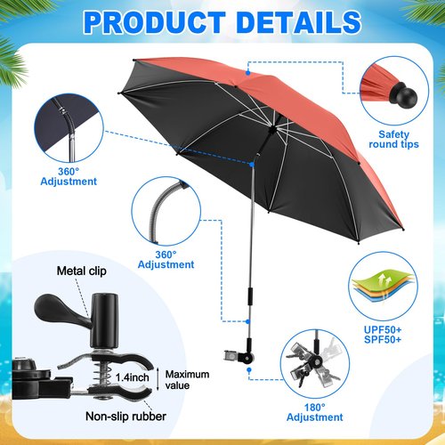 Yuntau 2 Set Reclining Camping Chair with Umbrella Clamp, Adjustable Beach Chair with Foot Rest, SPF 50+, Folding Shade Camping Lounger Recliner for Adult Outdoor(Orange,Green,Oxford)