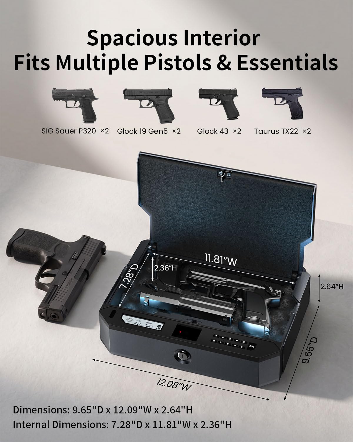 XEGIS SAFE Biometric Gun Safe Contactless Palm Vein, Raise Palm to Open in 0.1s, 3-Way Unlock Keypad/Key Pistol Safe, Works with Any Hand & in Darkness Handgun Safe for Nightstand, Car & Home