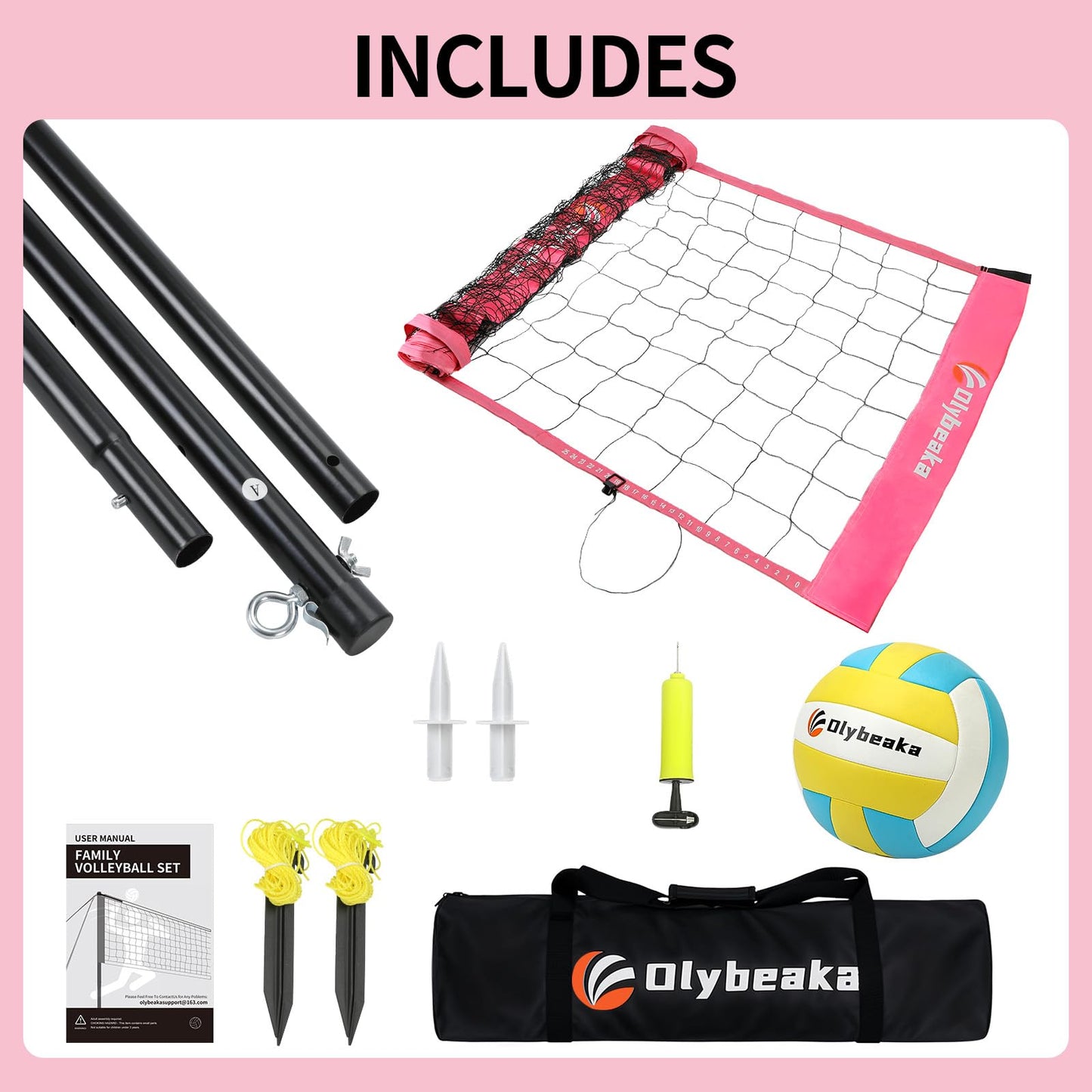 Portable Outdoor Volleyball Net Set for Backyard Beach with Adjustable Poles, Soft PU Volleyball & Pump, Carry Bag and Durable Anti-Sagging Net (Pink, 20ft)