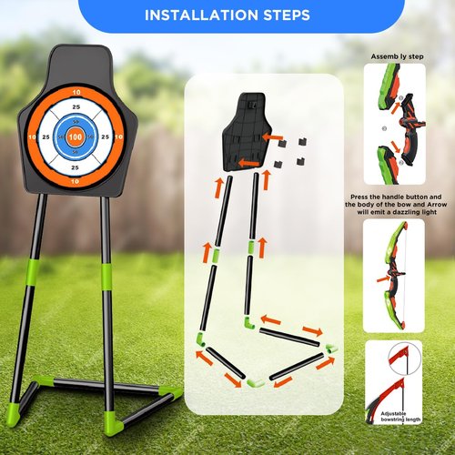 VATOS 2 Pack Bow and Arrow Toy for 5 6 7 8 9 10 11 Year Old Boys Girls, Light Up Archery Toy with Cup Suction Standing Target & 29 in Dart Board, Indoor Outdoor Activity Toys Birthday
